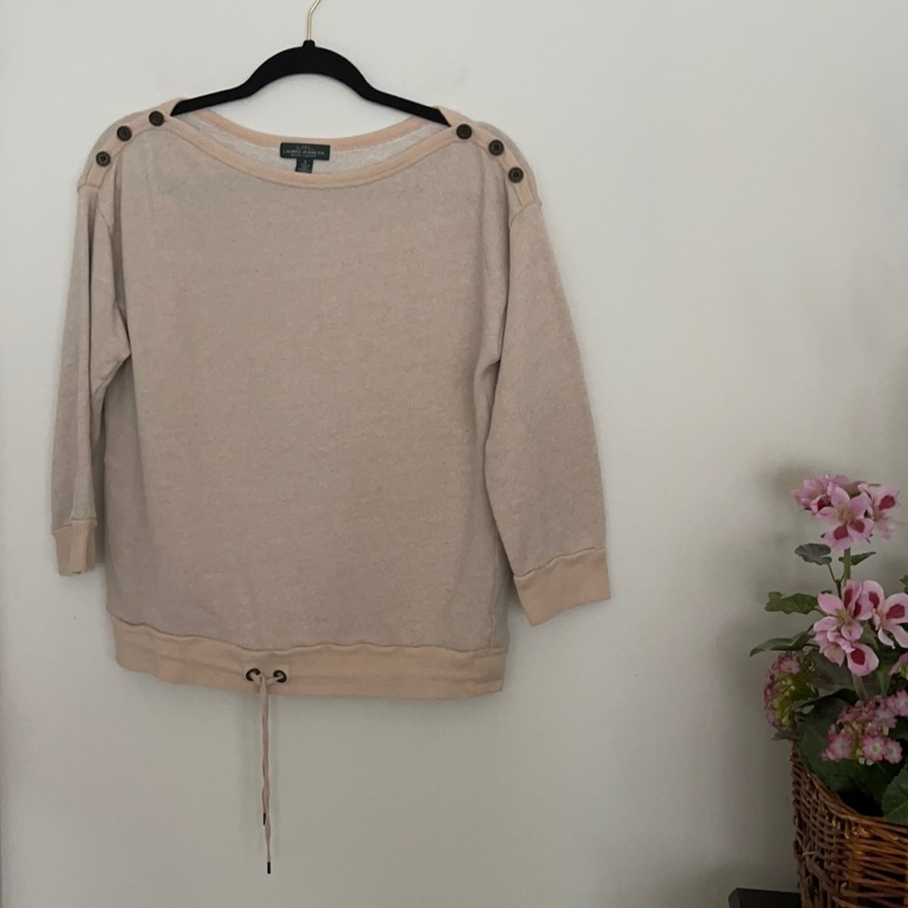 Ralph Lauren Beige French Terry Sweatshirt LRL Shoulder Buttons Drawstring Hem - Picture 11 of 13